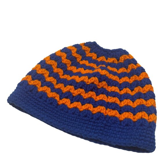 Crochet Blue & Orange Striped Ponytail Beanie Hat Handmade Knit Winter Cap - Picture 1 of 5